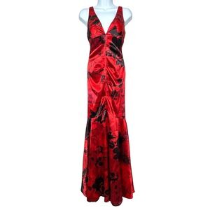 Vtg 90s Jump Apparel Dress 3/4 Red Black Long Formal Vamp Plunge Neck Whimsigoth